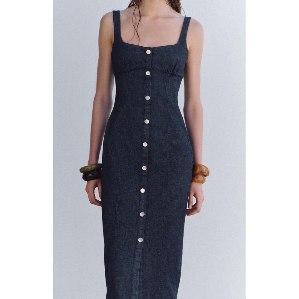 NWT ZARA Dark Blue Denim Button Front Tank Midi Dress Medium Stretch 0779